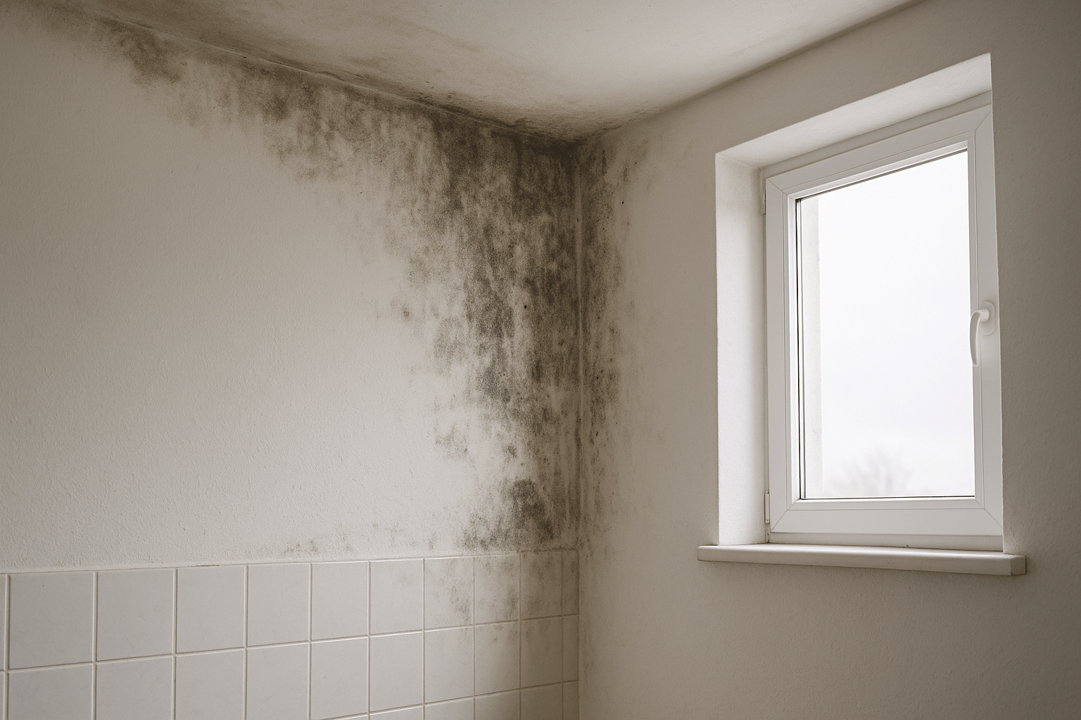 Pared con manchas de humedad y desconchones en un baño de Córdoba antes de la reparación por expertos